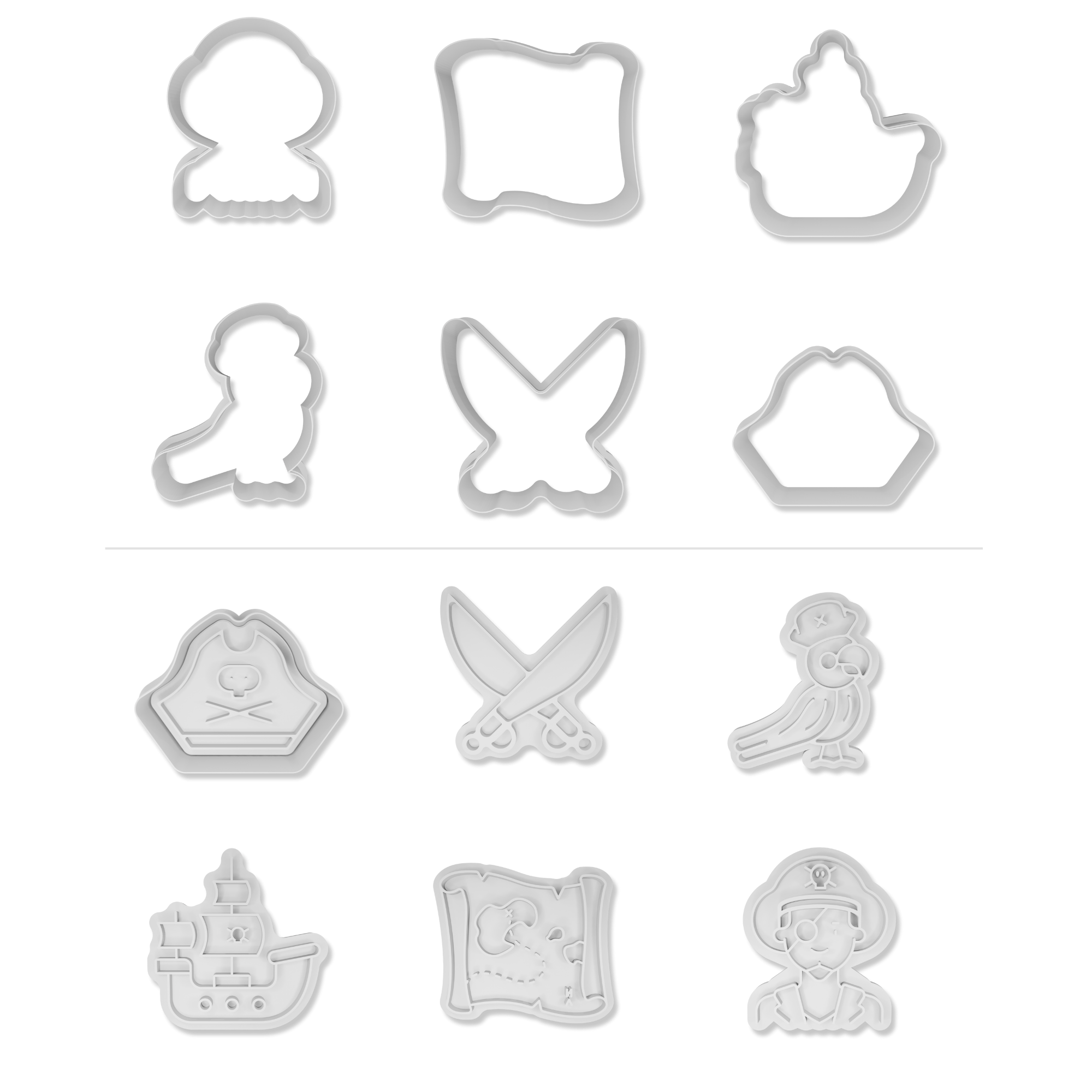 Kafatası, korsan gemisi, harita ve hazine sandığı gibi desenleri içeren 6 parçalık macera dolu kurabiye seti.
A 6-piece cookie cutter set with adventurous pirate-themed designs, including a skull, pirate ship, treasure map, and chest.
