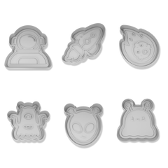 Gezegenler, astronotlar ve uzay gemileri içeren 6 parçalık keşif dolu kurabiye seti.
A 6-piece cookie cutter set featuring planets, astronauts, and spaceships—great for space enthusiasts.